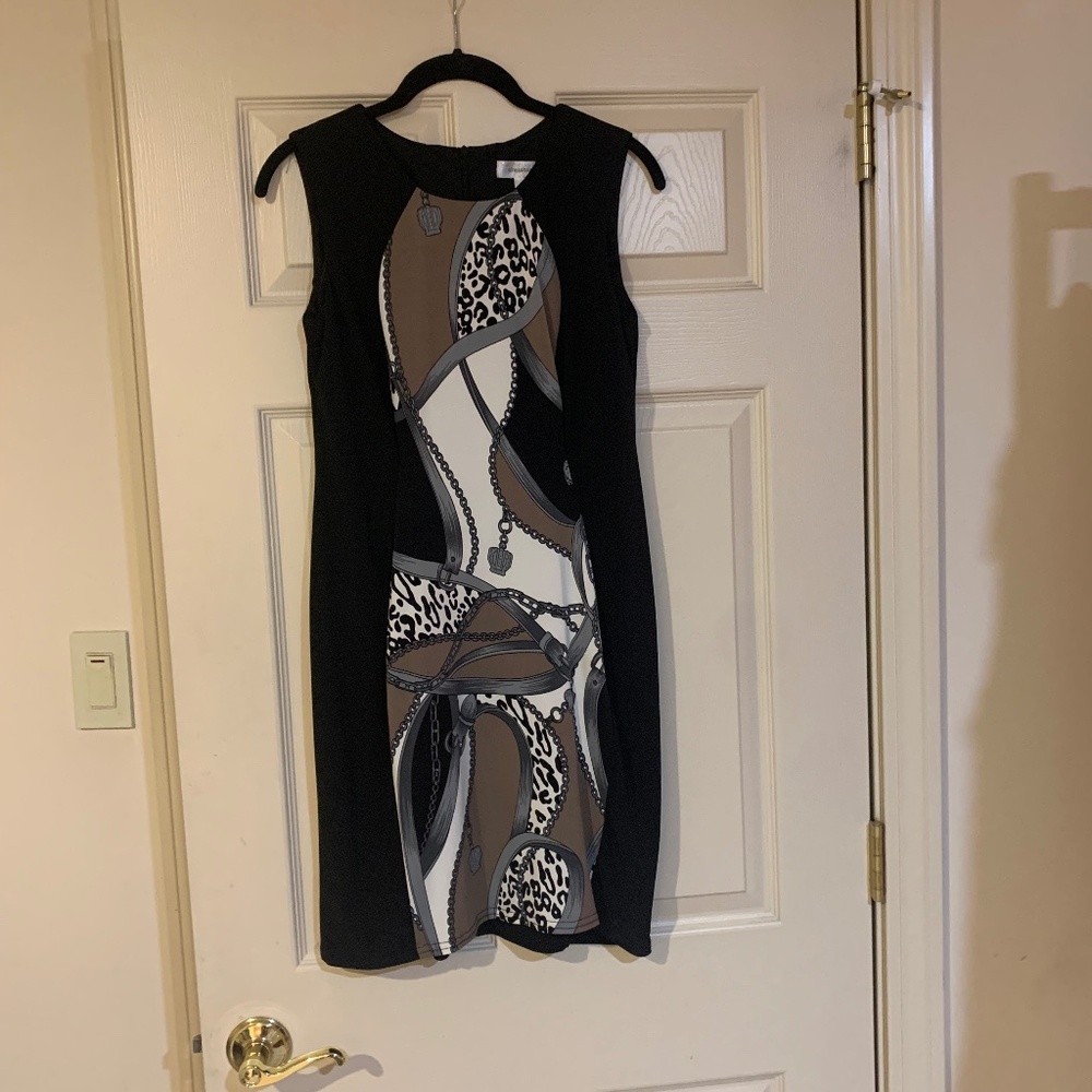 Dress Barn Black/Tan/Ivory Print Sleeveless Dress sz 6